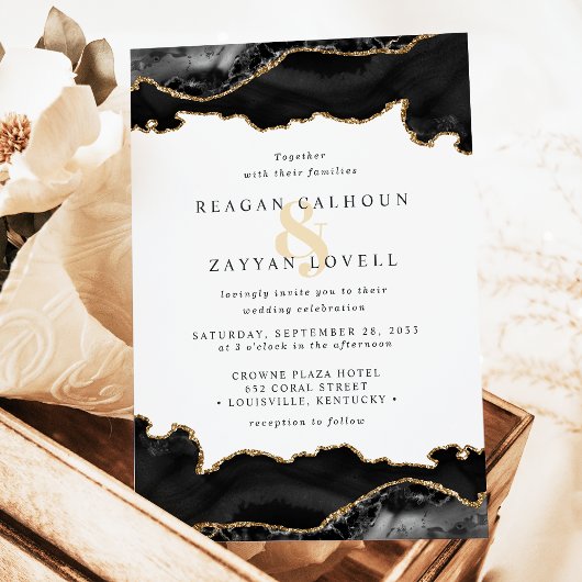 黒と金ゴールドの大理石アゲート結婚ズ 招待状