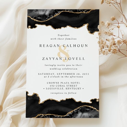 黒と金ゴールドの大理石アゲート結婚ズ 招待状