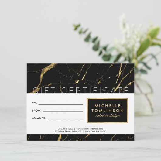黒と金ゴールドの大理石デザイナーギフト証明書 (スタンド正面)