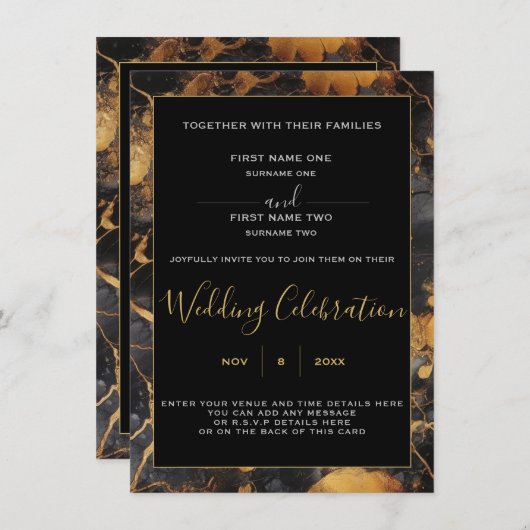 黒と金ゴールドの大理石縁ど結婚式招待状 招待状 (正面/裏面)