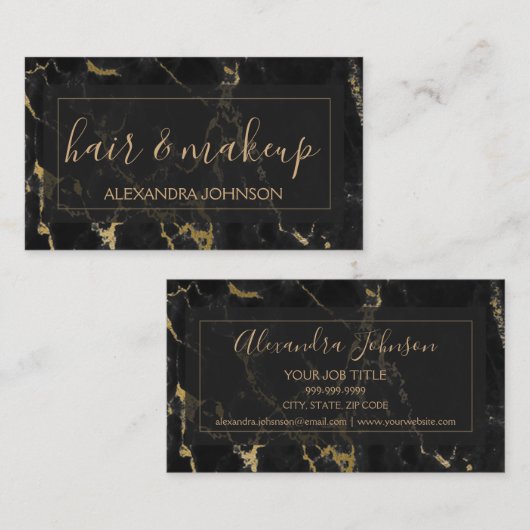 黒と金ゴールドの大理石髪とメイクアップ 名刺 (正面/裏面)