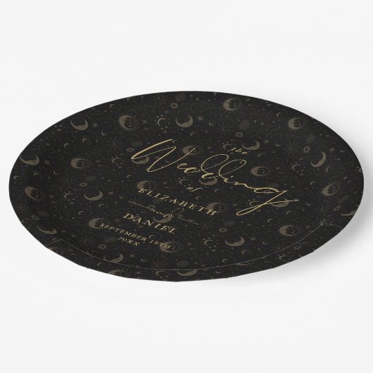 黒と金ゴールドの天の星と月結婚の ペーパープレート (アングル)