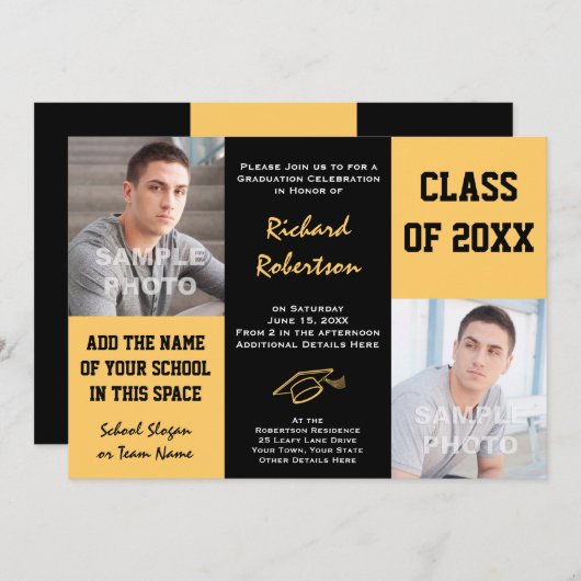 黒と金ゴールドの学校が写真を彩る卒業 招待状 (正面/裏面)