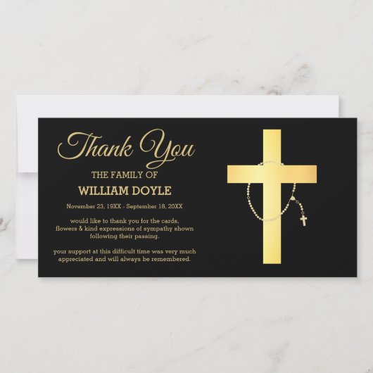 黒と金ゴールドの宗教十字及び数珠の葬儀 サンキューカード (正面)