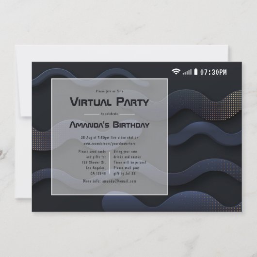 黒と金ゴールドの幾何学的な仮想誕生日パーティー 招待状 (正面)
