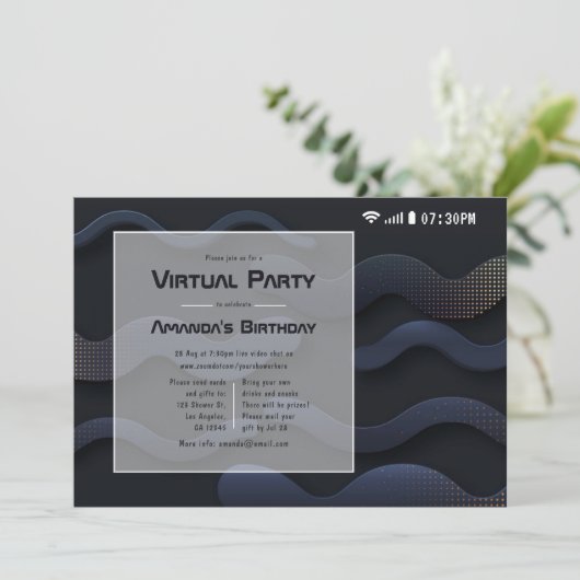黒と金ゴールドの幾何学的な仮想誕生日パーティー 招待状 (スタンド正面)