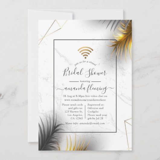 黒と金ゴールドの幾何学的な熱帯のバーチャルシャワー 招待状 (正面)