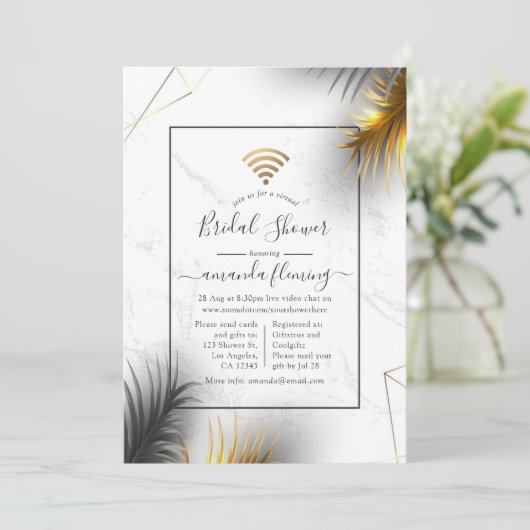 黒と金ゴールドの幾何学的な熱帯のバーチャルシャワー 招待状 (スタンド正面)