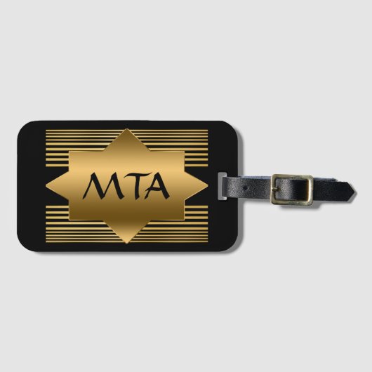 黒と金ゴールドの幾何学的モノグラパーソナライズされたム ラゲッジタグ (正面横)