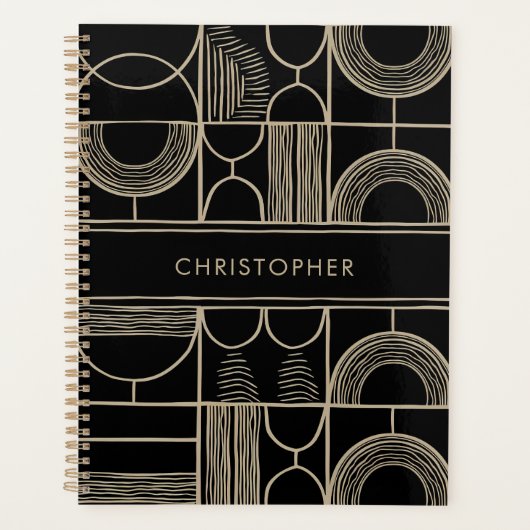黒と金ゴールドの幾何学的名前をカスタムする プランナー手帳 (正面)