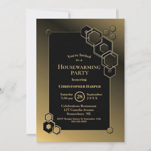 黒と金ゴールドの幾何学的引っ越し祝いパーティーパーティー 招待状 (正面)