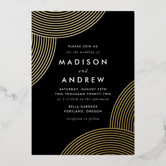 黒と金ゴールドの幾何学的結婚渦巻き 箔招待状 (正面)