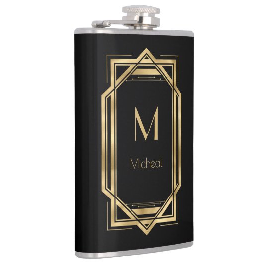 黒と金ゴールドの幾何学的 |モノグラムと名前 フラスク (右)
