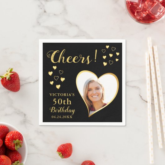 黒と金ゴールドの応援カスタム写真50誕生日 スタンダードカクテルナプキン (インサイチュ)