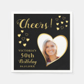 黒と金ゴールドの応援カスタム写真50誕生日 スタンダードカクテルナプキン (正面)