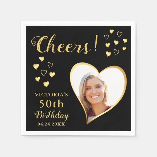 黒と金ゴールドの応援カスタム写真50誕生日 スタンダードカクテルナプキン (正面)