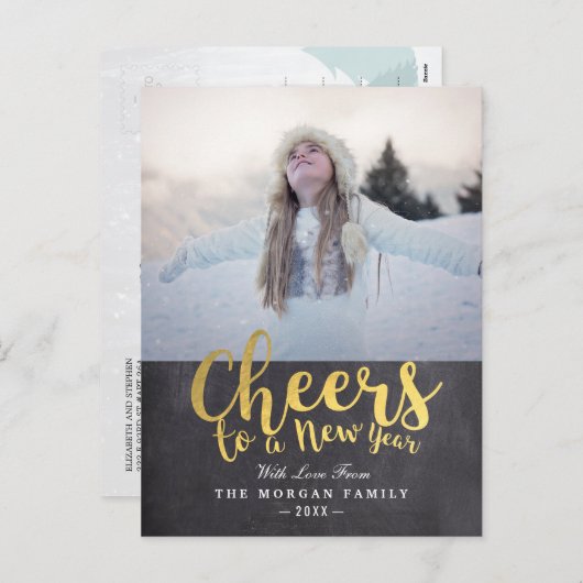 黒と金ゴールドの応援新年のスクリプトのグリーティングフォト シーズンポストカード (正面/裏面)