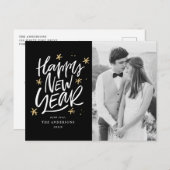 黒と金ゴールドの手書き新年の写真 シーズンポストカード (正面/裏面)