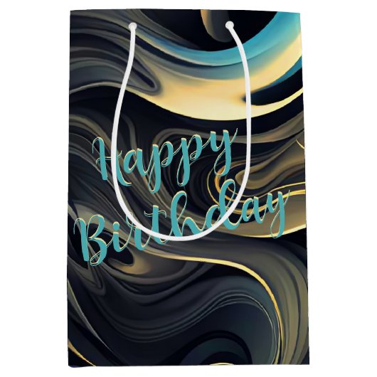 黒と金ゴールドの抽象芸術煙の渦巻き ミディアムペーパーバッグ (正面)