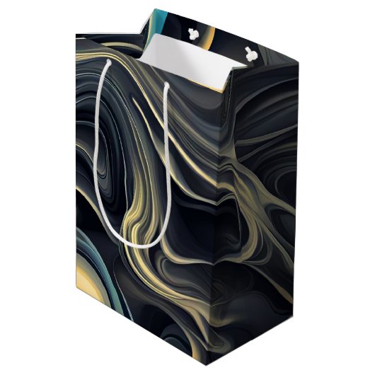 黒と金ゴールドの抽象芸術煙の渦巻き ミディアムペーパーバッグ (裏面アングル)