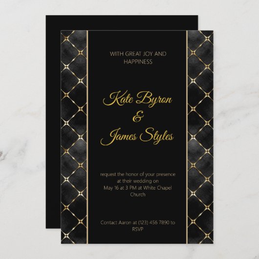 黒と金ゴールドの抽象芸術結婚式招待状 招待状 (正面/裏面)