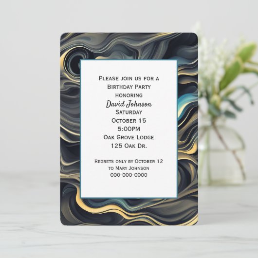 黒と金ゴールドの抽象芸術誕生日パーティー 招待状 (スタンド正面)