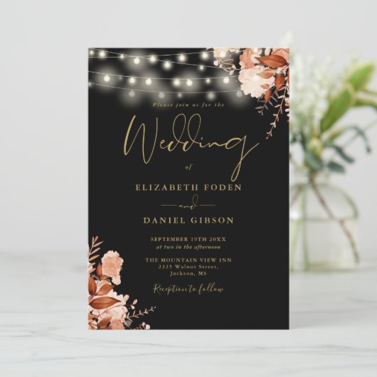 黒と金ゴールドの文字列ライトQRコード秋の結婚式 招待状 (スタンド正面)