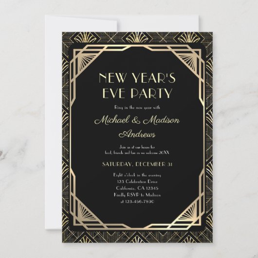黒と金ゴールドの新年のお祝いパーティー 招待状 (正面)