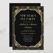 黒と金ゴールドの新年のお祝いパーティー 招待状 (正面/裏面)