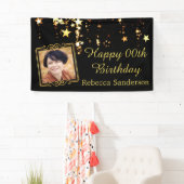 黒と金ゴールドの星と写真付き任意の年の誕生日 横断幕 (インサイチュ)