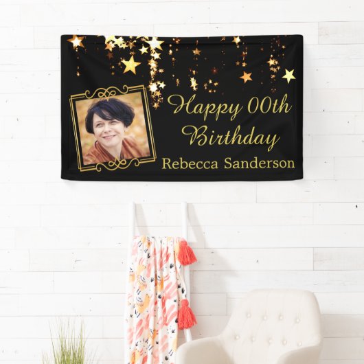 黒と金ゴールドの星と写真付き任意の年の誕生日 横断幕 (インサイチュ)