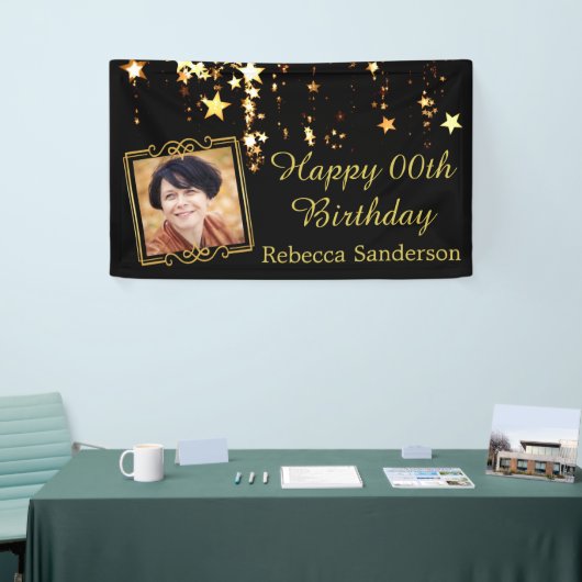 黒と金ゴールドの星と写真付き任意の年の誕生日 横断幕 (トレードショー)
