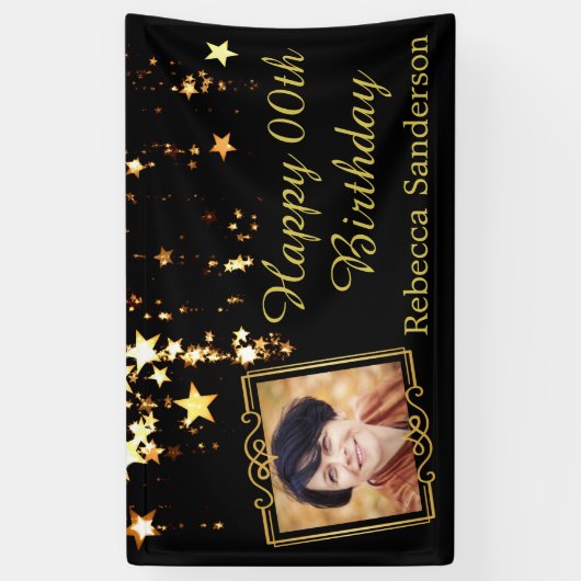 黒と金ゴールドの星と写真付き任意の年の誕生日 横断幕 (縦)