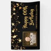 黒と金ゴールドの星の写真任意の年誕生日 横断幕 (縦)