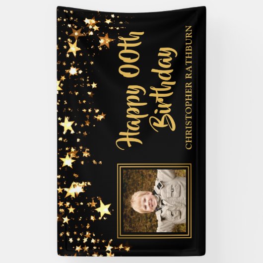 黒と金ゴールドの星の写真任意の年誕生日 横断幕 (縦)