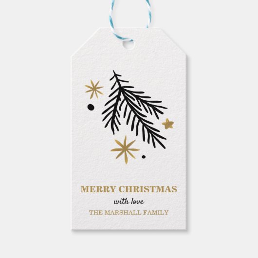 黒と金ゴールドの松と星鳩のクリスマス ギフトタグ (正面)