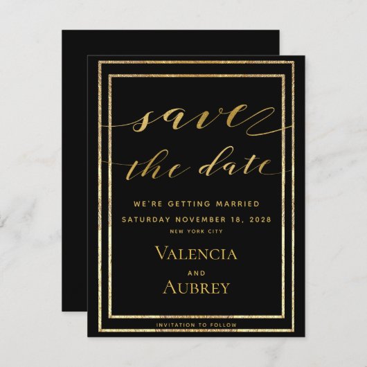 黒と金ゴールドの枠の結婚書道 セーブザデート (正面/裏面)