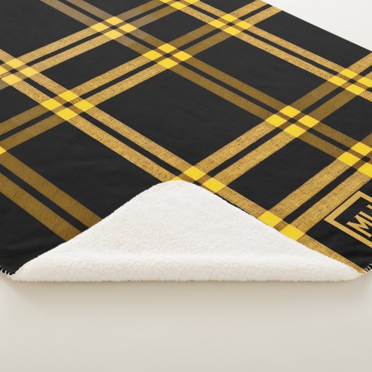 黒と金ゴールドの格子状タータンチェックモノグラム シェルパブランケット (3/4)