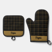 黒と金ゴールドの格子縞 鍋つかみ&鍋敷きセット (正面)