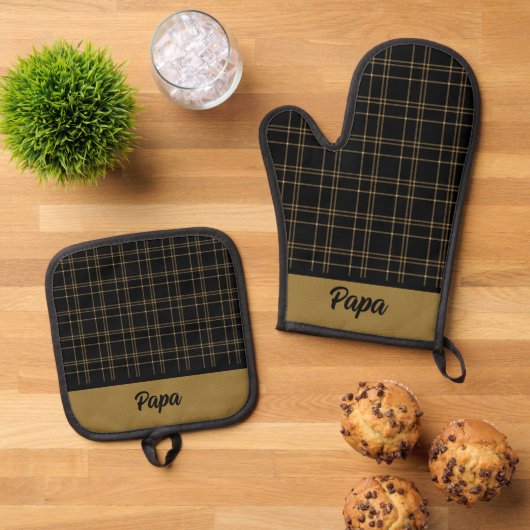 黒と金ゴールドの格子縞 鍋つかみ&鍋敷きセット (トップダウン)