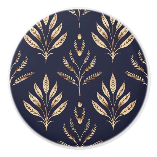 黒と金ゴールドの植物アールデコ セラミックノブ (正面)