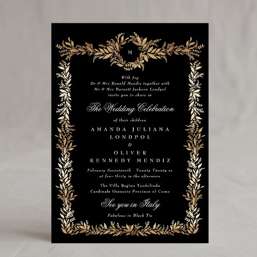 黒と金ゴールドの植物体モノグラム結婚の 招待状