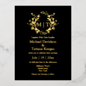 黒と金ゴールドの植物性モノグラム結婚ズ 箔招待状ポストカード (正面)