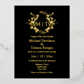 黒と金ゴールドの植物性モノグラム結婚ズ 箔招待状ポストカード (正面)