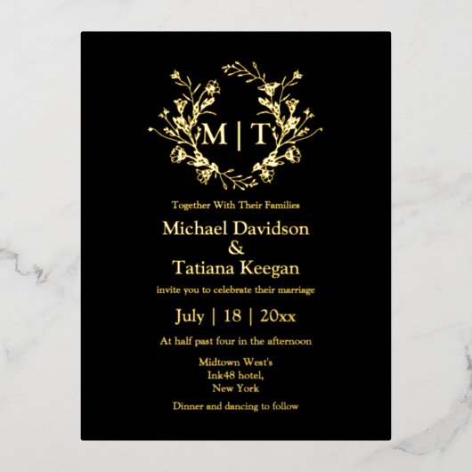 黒と金ゴールドの植物性モノグラム結婚ズ 箔招待状ポストカード (正面)