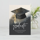 黒と金ゴールドの水彩大学院キャップ卒業 案内状 (スタンド正面)