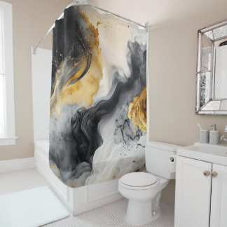 黒と金ゴールドの水彩大理石 シャワーカーテン
