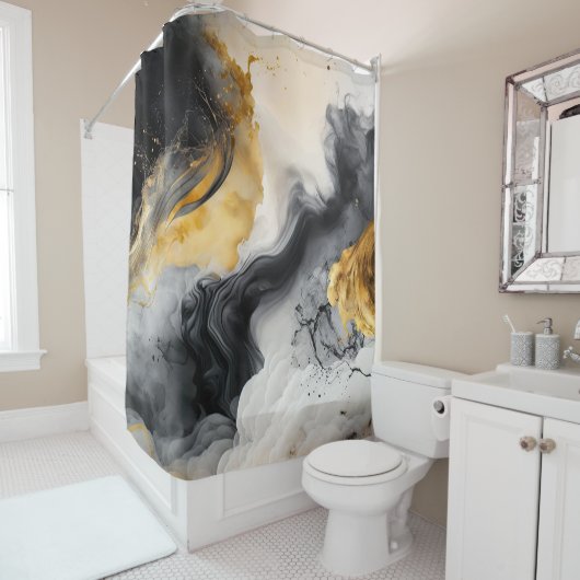黒と金ゴールドの水彩大理石 シャワーカーテン (インサイチュ)