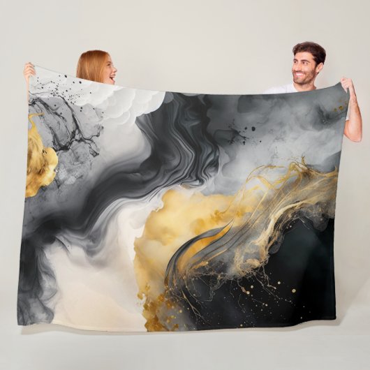 黒と金ゴールドの水彩大理石 フリースブランケット (インサイチュ)