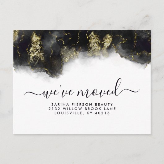 黒と金ゴールドの水色インクの移動発表 案内ポストカード (正面)